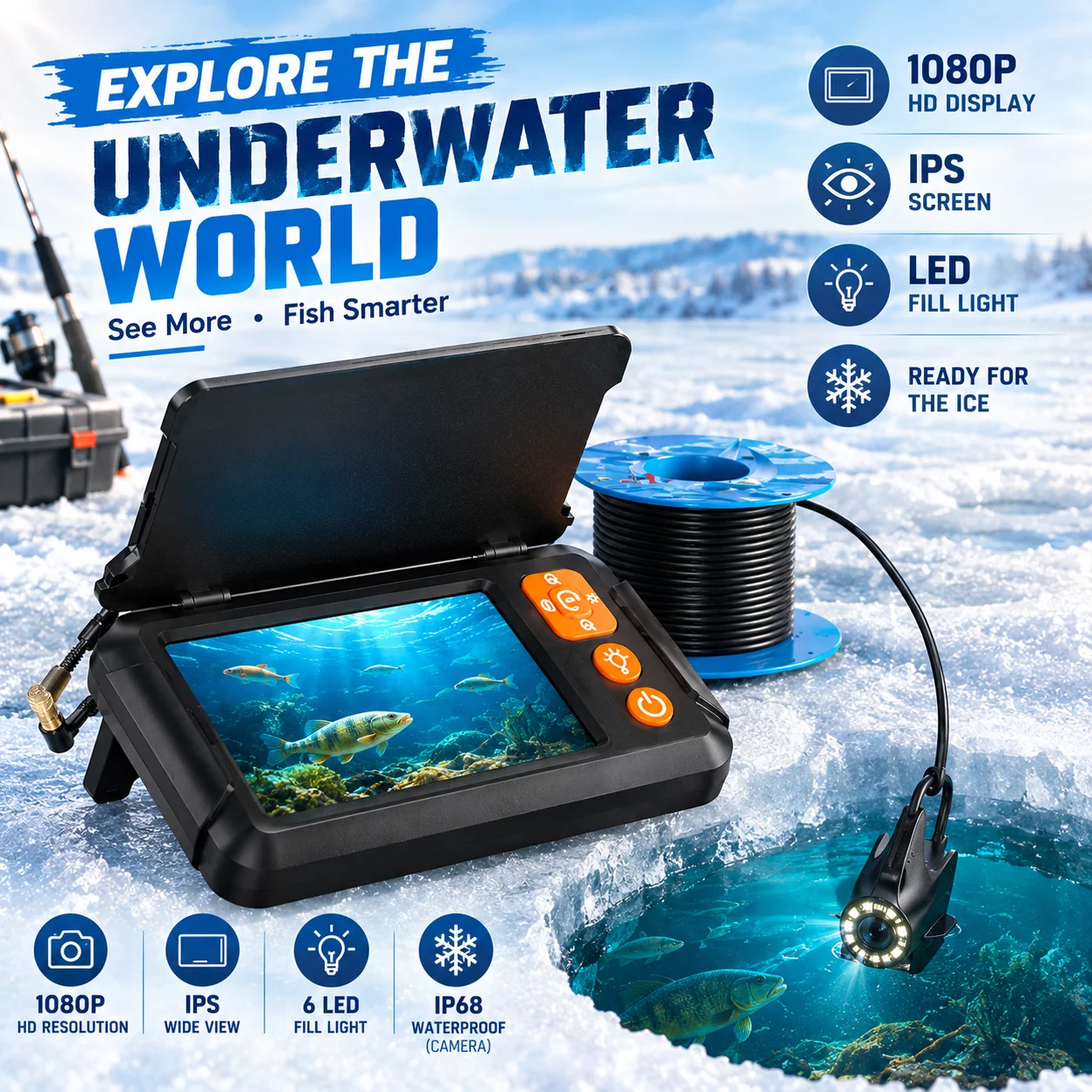 Fishing Boat Depth Finder - 1080P HD魚群探知機水中カメラモニター ナイトビジョン 深度計 ソナー ポータブル