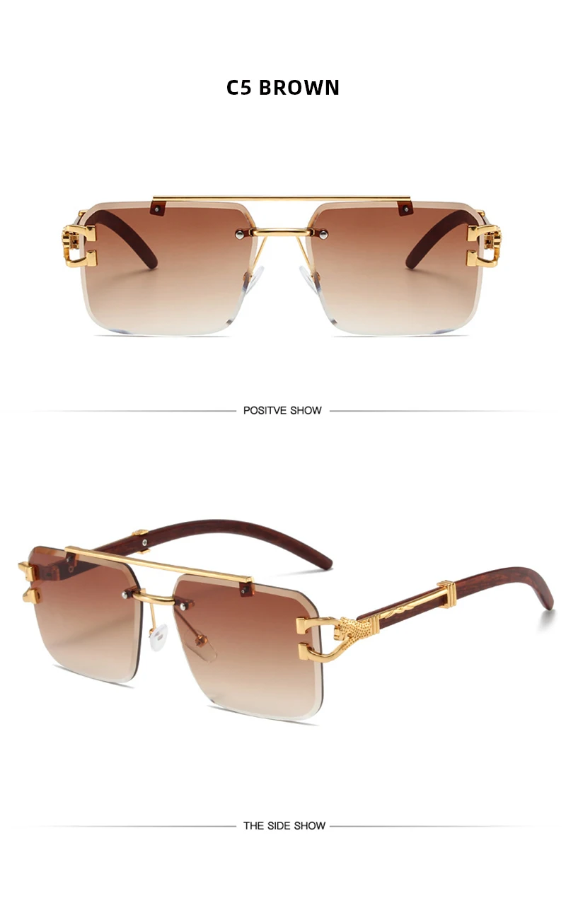 Trend Double Beam Große Sonnenbrille Männer Frauen Randlose Schnittkante Quadratische Sonnenbrille Mode Leopard Holzmaserung Shades – Detail 13