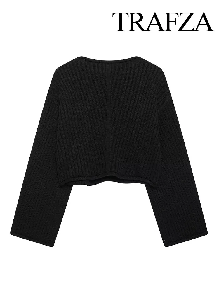 TRAFZA Women New Fashion Solid Round Collar Long Sleeve Knitted Pullover Sweater Autumn Female Elegant Ribbed Short Sweater