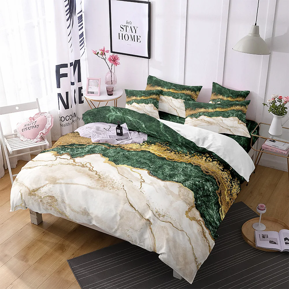 

Marble Duvet Cover Set Queen Green Gold Giltter Bedding Set Polyester Tie Dye Fluid Magma Abstract Art Hipster Twin Quilt Cover