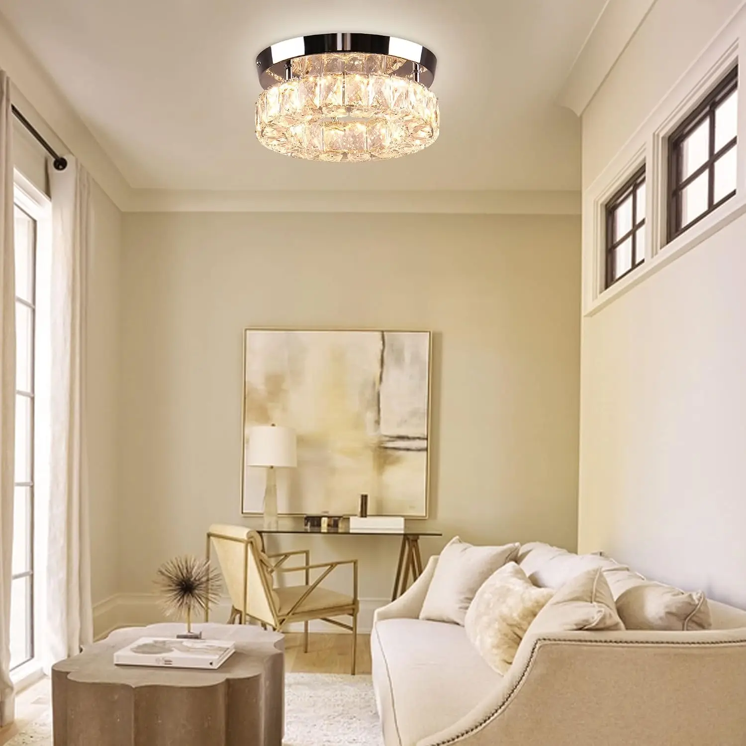 9.8-inch Modern Round Crystal Embedded Chandelier Ceiling Light, Warm White