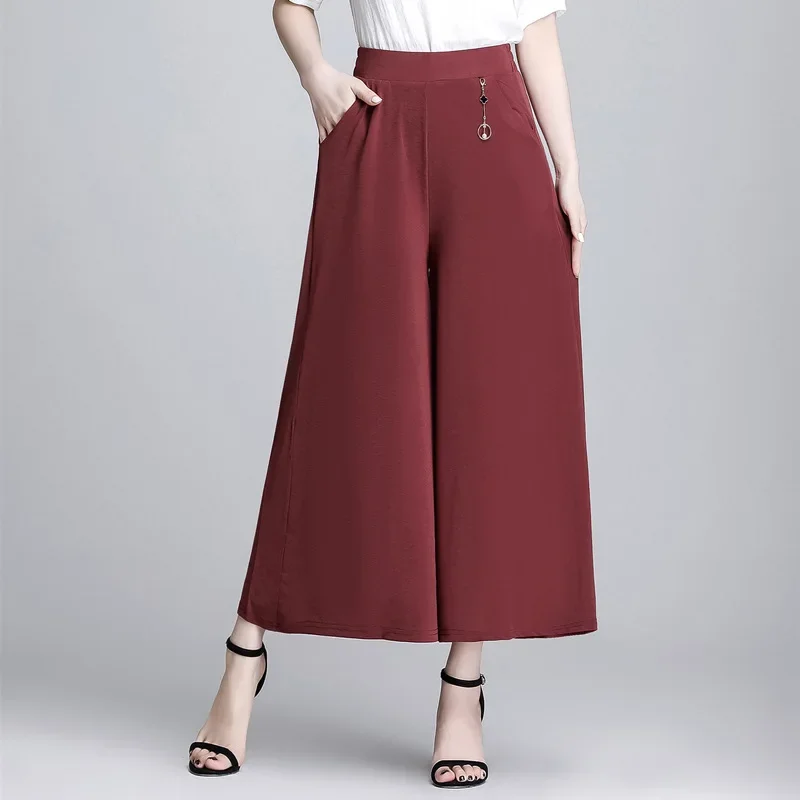 Summer Crop Loose Pants Women's Clothing Calf-Length Wide Leg Pants Skirt Sweatpants Women Elastic Waist Trousers Female