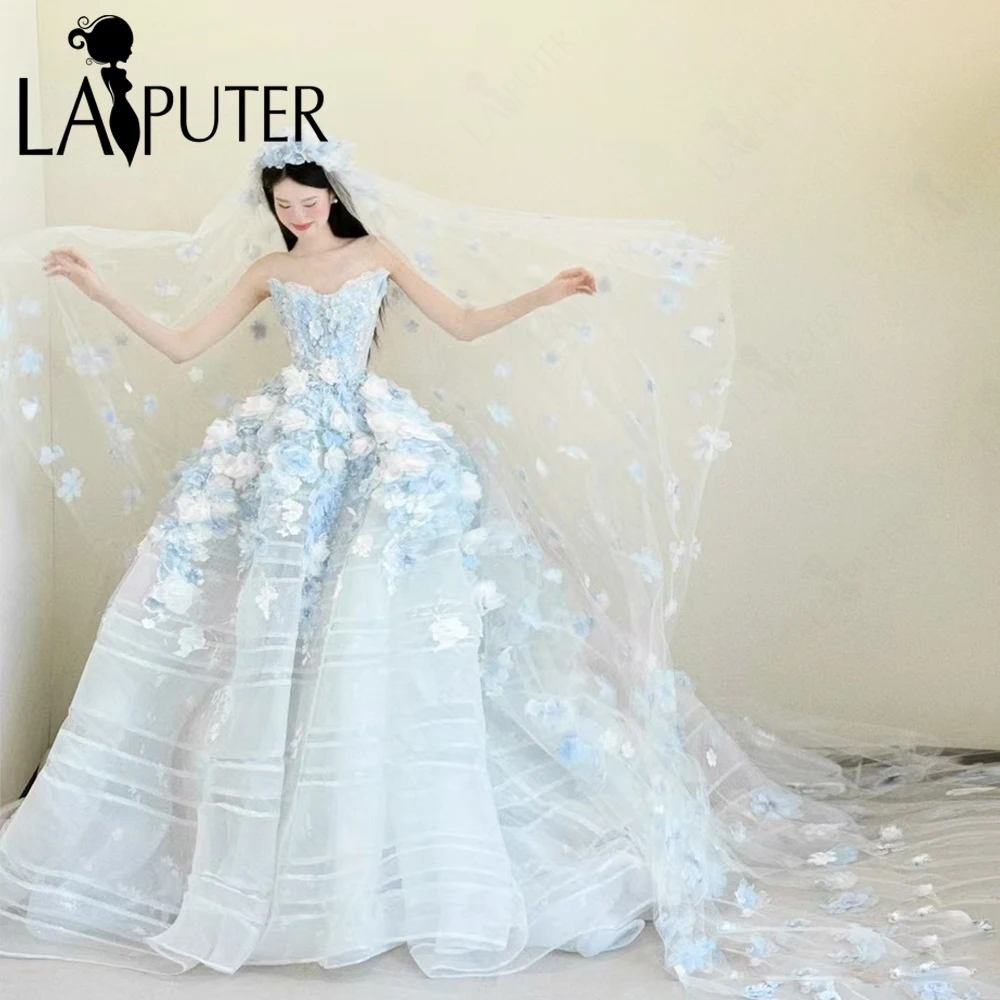 

Ice Blue Flowers Prom Dresses Puffy Fairy Gilrs Evening Gowns Off Shoulder 3D Flowers Formal Dress Laiputer