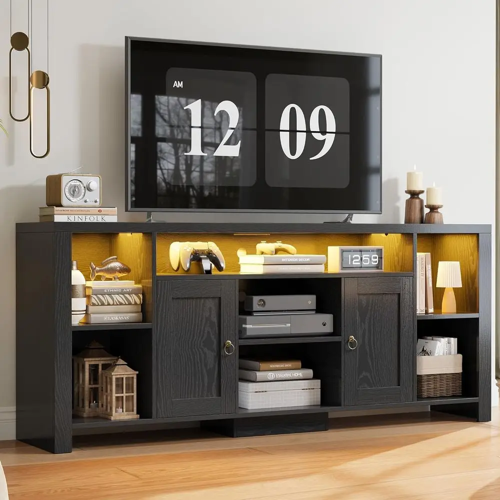 

80 LED TV Stand with Power Outlet, Adjustable Shelves, and Open Storage for Modern Living Room, Black