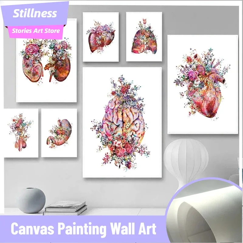Stillness Stories Frameless Colorful Anatomy Art Medical Canvas Painting Floral Organs Heart Lung Poster Print Education Hospit