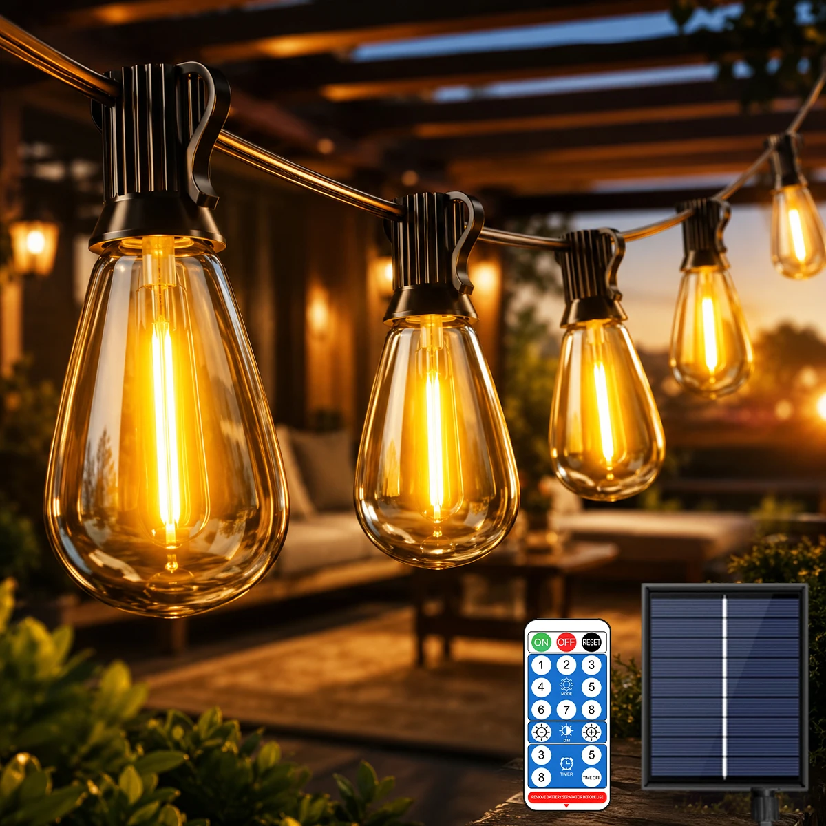 Aiopp ST38 Solar-Lichterkette für den Außenbereich mit Haken, automatisches Ein-/Ausschalten, Tageslichtaufladung, bruchsichere Glühbirnen, Hängelampen für Garten, Hochzeit, Camping