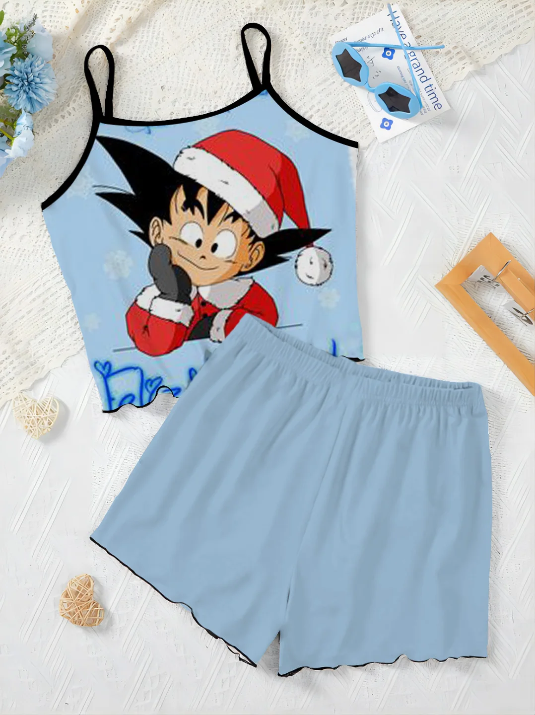 Son Goku Women's Suit T-shirt Short Sets Pajama Skirt Top Home Dress Dragon Ball Lettuce Trim Pieces Elegant Two Set Slip Dress