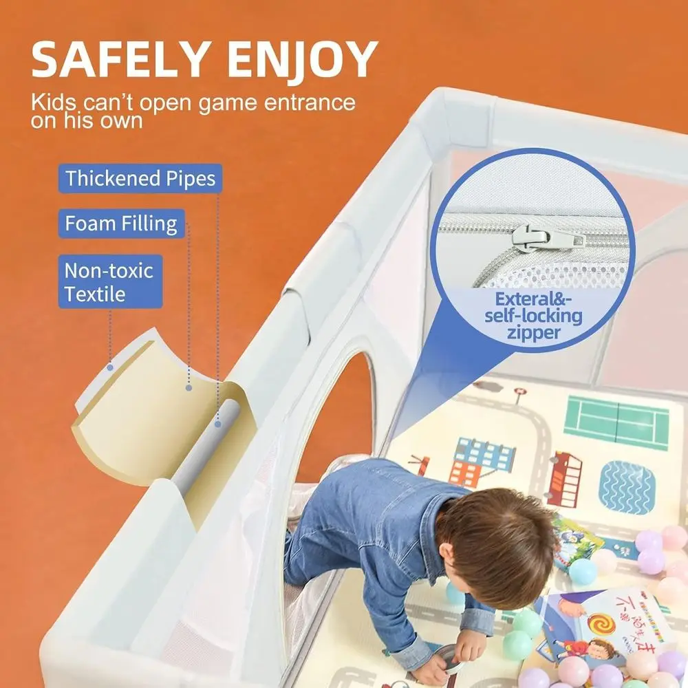 روضة أطفال رمادية قابلة للطي مقاس 59 × 71 مع 50 كرة محيطية، 4 مقابض، منطقة لعب آمنة للأطفال والرضع، ساحة محمولة داخلية/خارجية