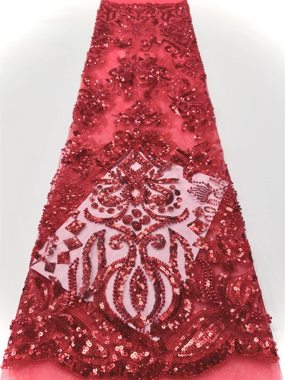 

Red African Sequins Beaded Lace Fabrics 2025 High Quality Sequence Embroidery French Nigerian Lace Fabrics For Wedding Sewing
