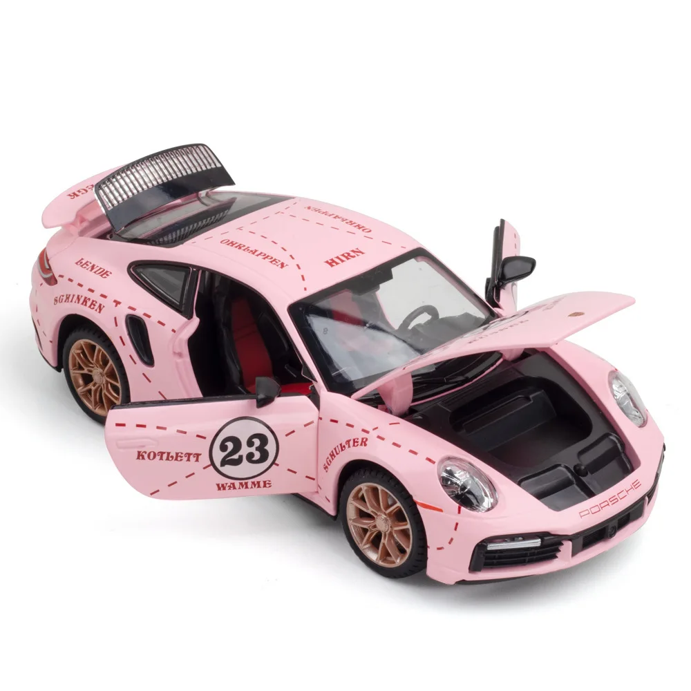 1:24 Pink Alloy 911 Toy Car Pull Back Light Sound Function Cute Ornament Girls Holiday Surprise Gift