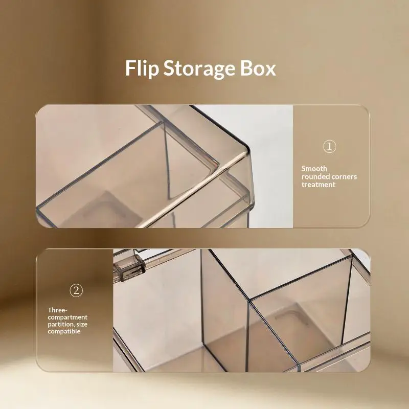 Transparenter Kunststoff-Aufbewahrungsorganizer mit 3 Fächern und staubdichten Klappdeckeln für die Aufbewahrung von Wattestäbchen, Haaraccessoires und kleinen Gegenständen im Badezimmer. – Detail 9