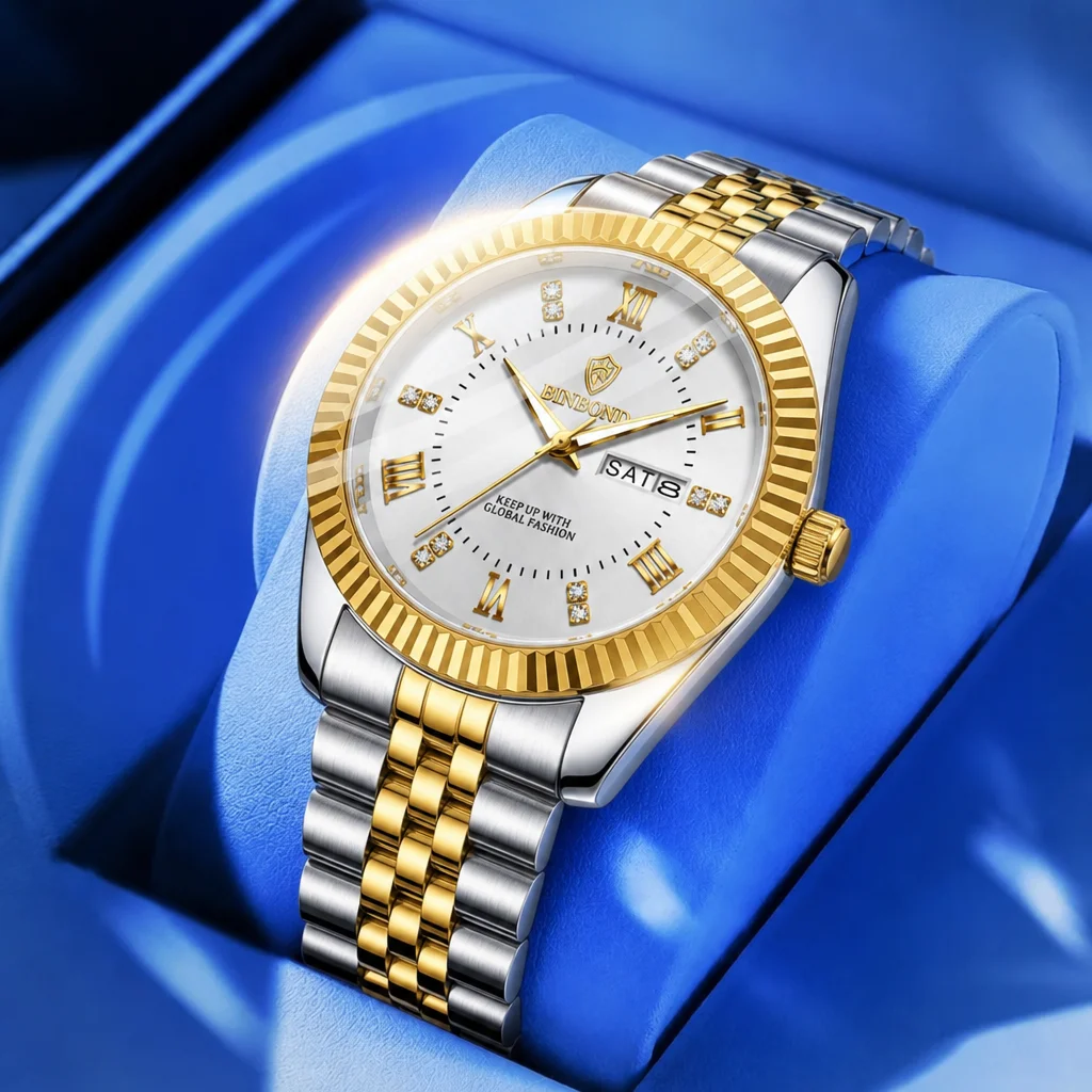 1pc Fashion Two-Tone Strap Watch with Roman Numeral Dial, Date and Day Display, Exquisite, Simple and Elegant, Daily Com