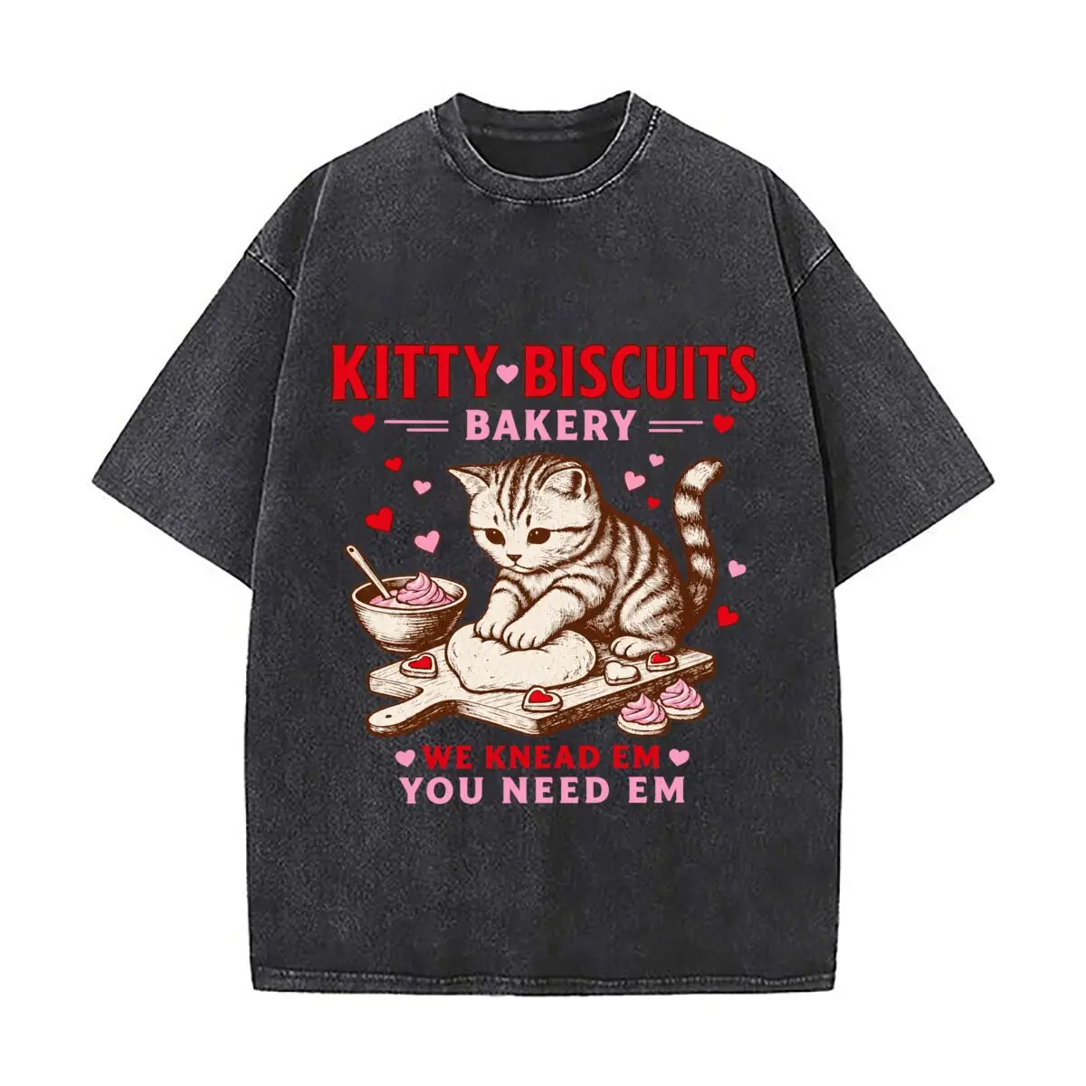 Kitty Biscuits Bakery We Knead Em You Need Em Cat Hearts Washed Distressed Loose Streetwear Tops for City Walks