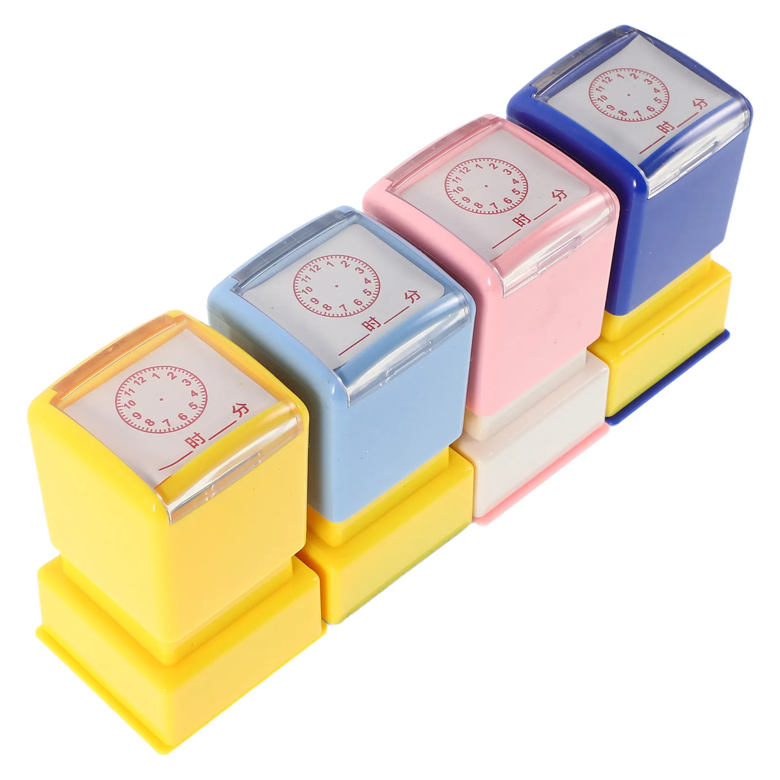 4個入り、子供向けの学習用時計スタンプ。鮮やかで見やすい文字盤デザイン。持ち運び可能で、耐久性があり、学校や家庭での時間学習に最適。