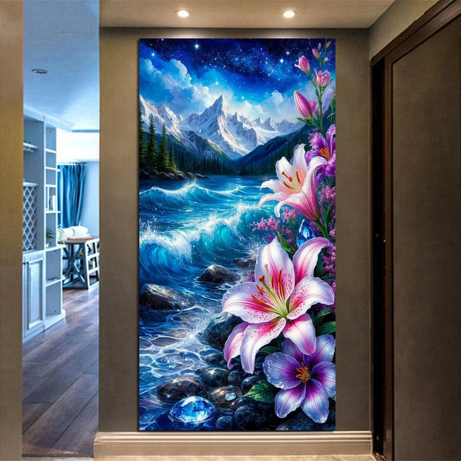 

Снежная гора, озеро, цветочная картина, большая картина «сделай сам», пейзаж, полная квадратная круглая дрель, мозаика, наборы для вышивания, Настенный декор