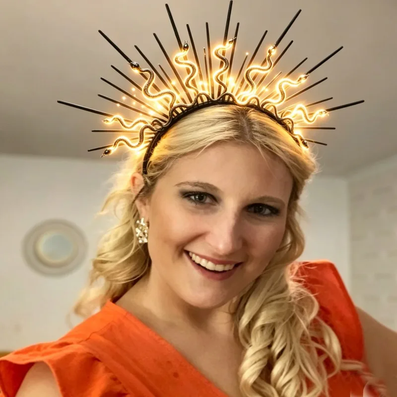 LED Serpent Sunburst Halo Crown,Warm Light Glowing Snake Headband with Metal Spikes, Mythical Costume for Halloween Photoshoot