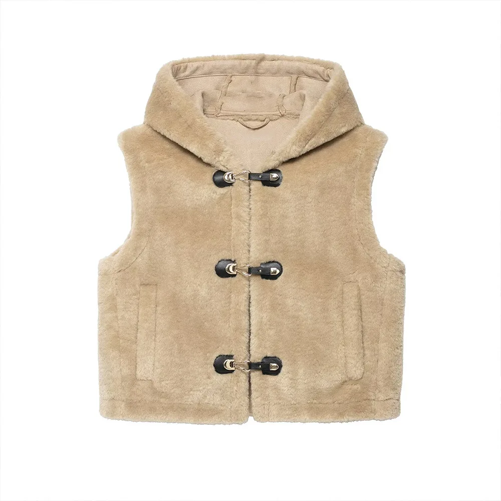 

Woman Cropped Hooded Vest V-neck Sleeveless Single Breasted Pocket Solid Color Casual Simple Coat Commuting Autumn New Chic Top