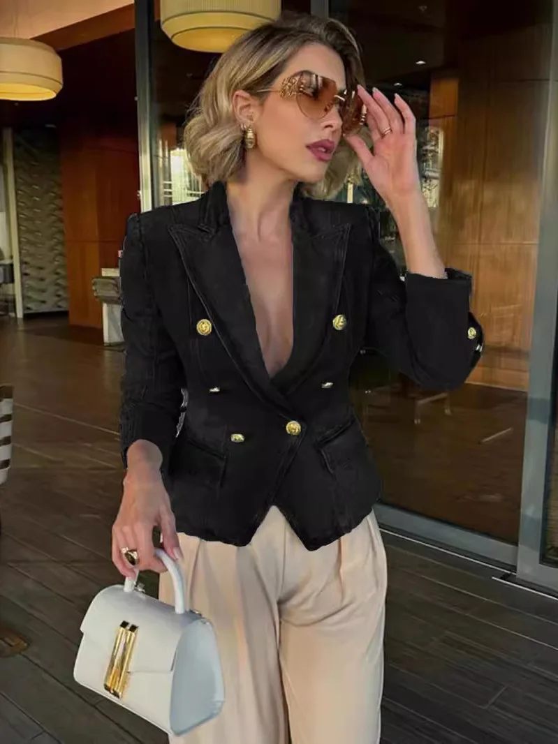 슬림핏 더블 브레스티드 롱 슬리브 수트 재킷 여성 캐주얼 슬림핏 아우터 코트 캐주얼 여성 수트