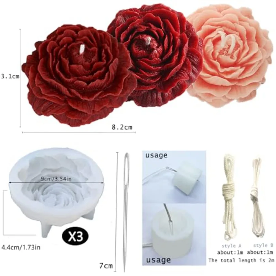 9PCS Large Peony Mold 3.5inch 3 Pack Flower Mold with Large-Eye Wicking Needle, Candle Wick Holders Resin Making Silicone Molds