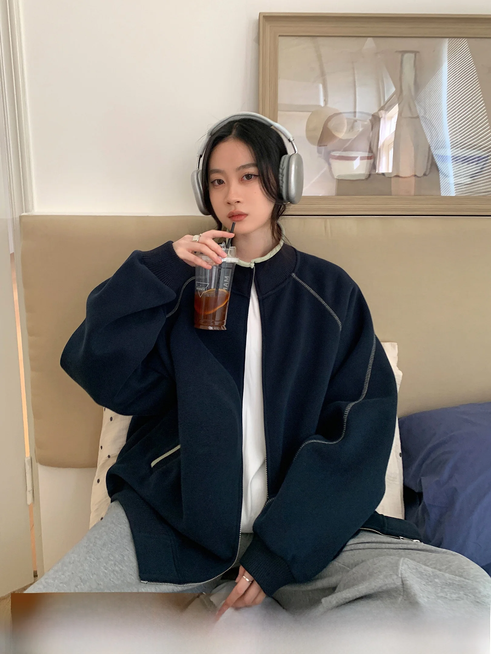 

Женский кардиган с воротником-стойкой и длинными рукавами, с линейным узором, дизайн в стиле VS What Film Stop, универсальный, из смесового хлопка и полиэстера