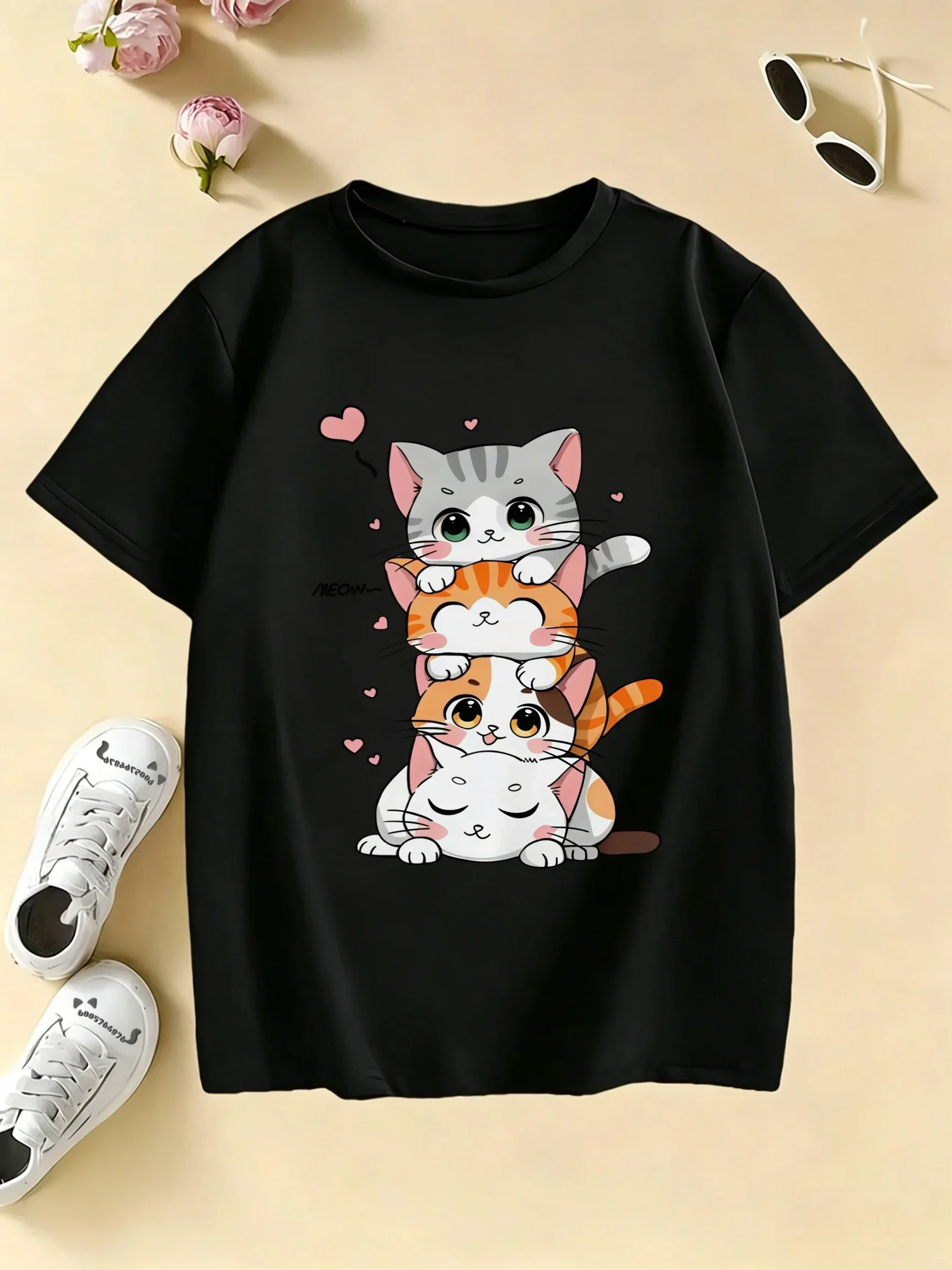 Latest Cartoon Cute Pet Kitten Print Children's Pure Cotton T-shirt - Large Size 2K Short-sleeved Top for Children