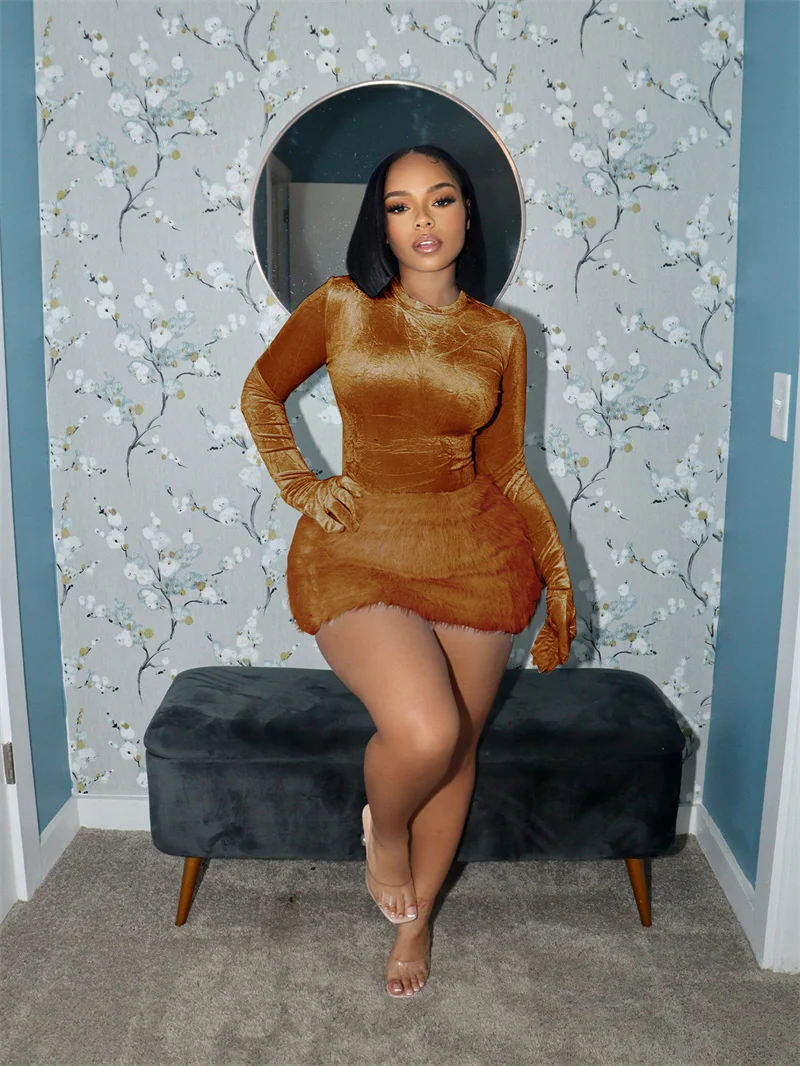 

Solid Bodycon 2 Piece Set Woman Autumn Winter Long Sleeve Bodysuit Top and Mini Skirt Club Birthday Outfits Matching Sets