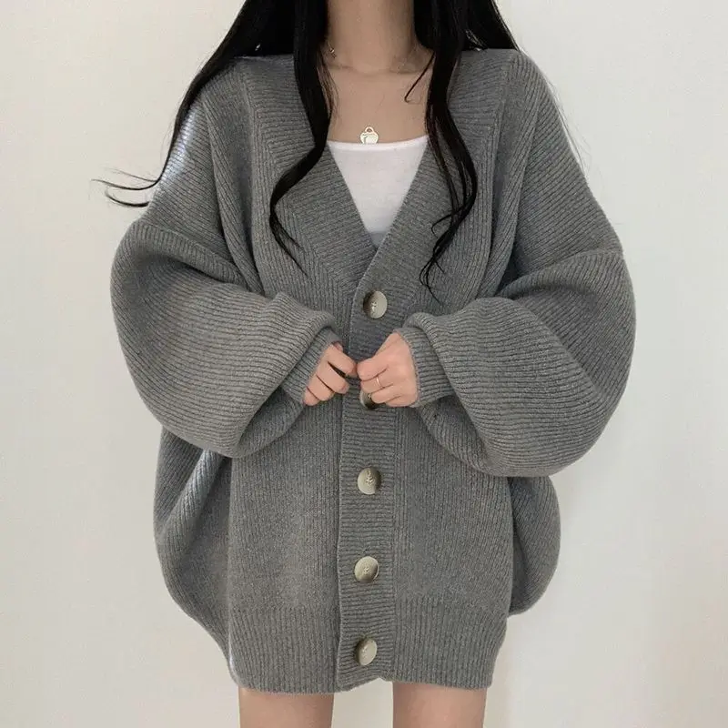 Knitted Cardigan Sweater Coat Buttoned V-Neck Lazy Style Women'S Loose Slim Versatile Top Autumn And Winter