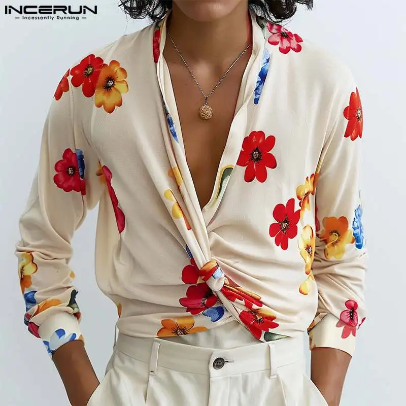 

INCERUN Male Stylish Tops Long Sleeve V Neck Twiss Knot Casual Loose Leisure Shirts Floral Printed Colorful Holiday Beach Shirts