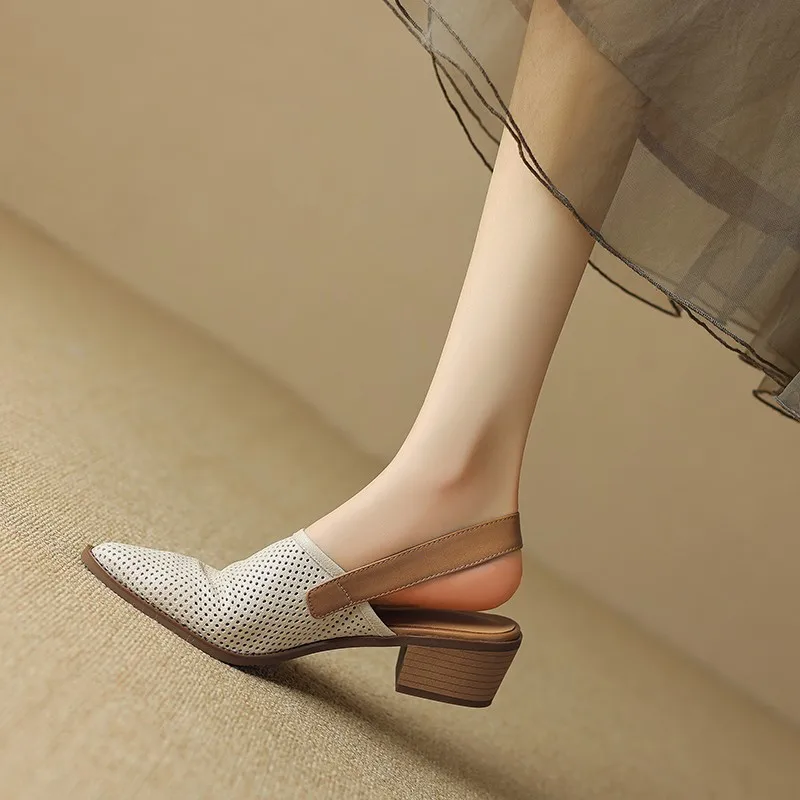 

2025 New Office Casual Women Pumps Fashion Hollow Middle Heel Slingbacks Shoes Woman Spring Summer Sandals