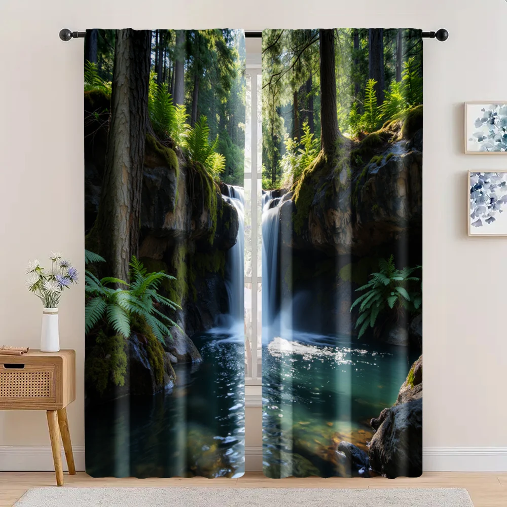 

2pc, Scene Curtain Tranquil multi-layered waterfall flows into clear pool Polyester,Without Electricity Versatile Suitable for