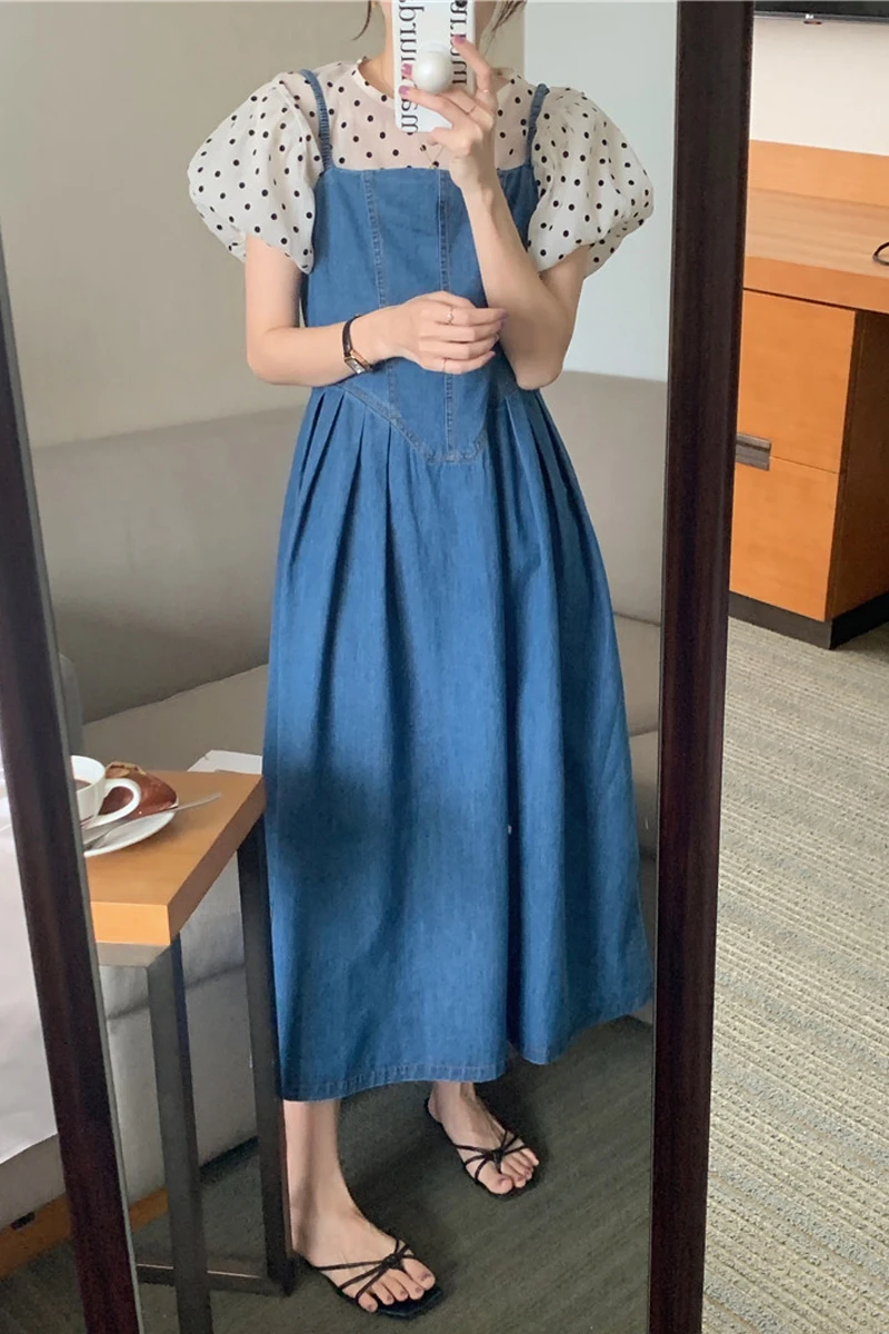 Schickes Polka Dot Ort Sve Damen-Set für den Sommer 2023, Bubble Sve-Top mit Jeansrock, modisches Freizeit-Outfit