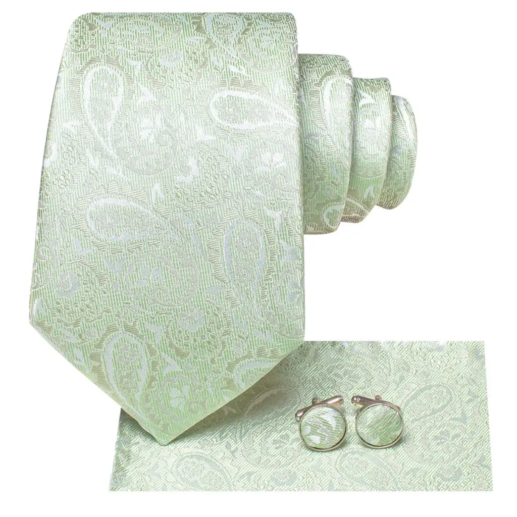 Sage Green Paisley 2024 New Fashion Brand Ties for Men Wedding Party Necktie Set Handky Cufflinks Gift Wholesale Hi-Tie