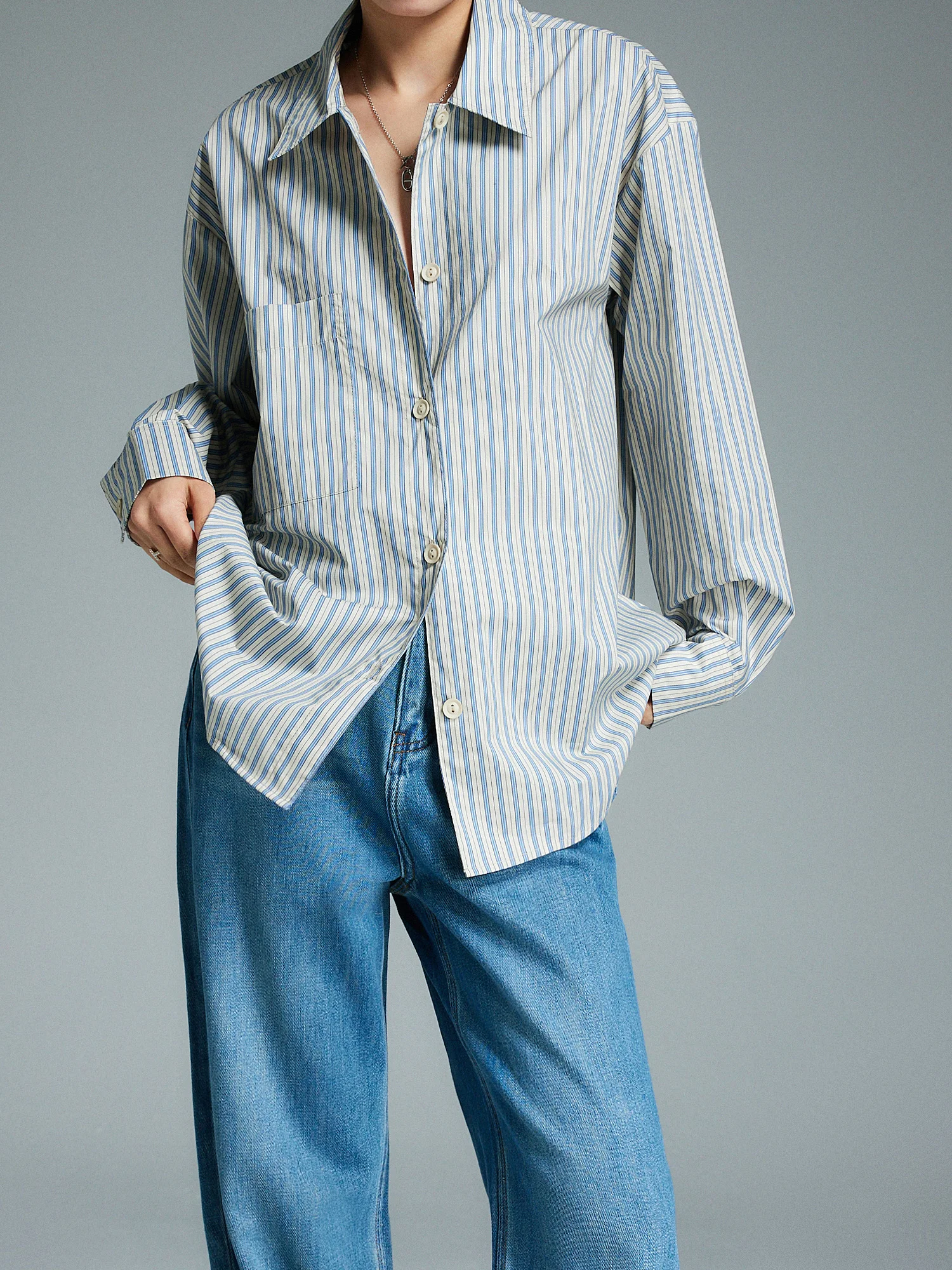 

Ретро-рубашка свободного кроя из хлопка с длинным рукавом и воротником, весна-лето, с вертикальными полосками, женская, премиум-класса, модная, для повседневной носки