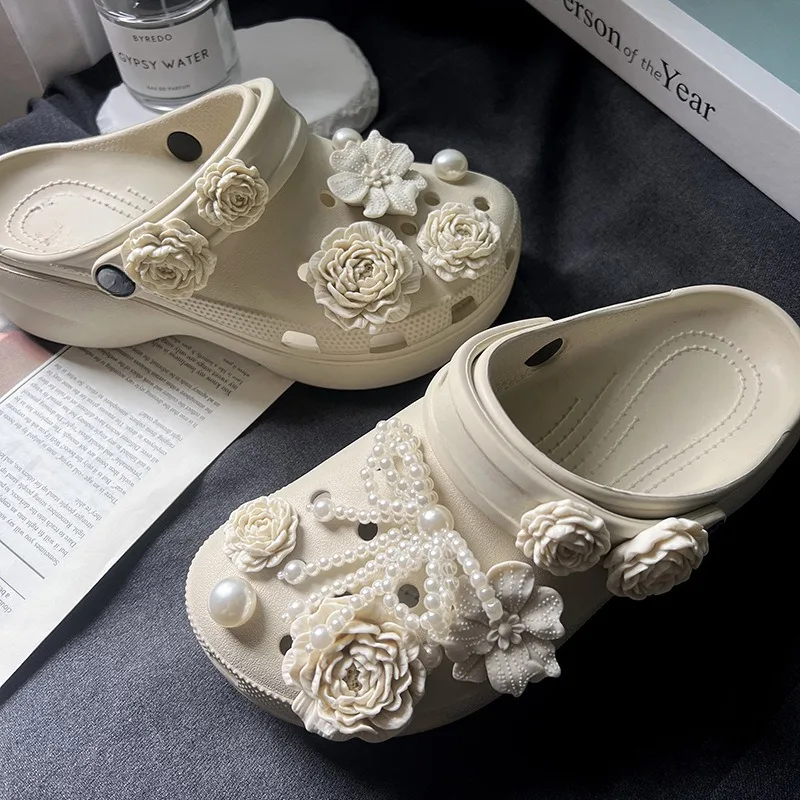 14 шт., модные подвески для обуви, набор аксессуаров, пряжка для обуви с отверстиями, летний жемчужный букет с рододерном, сделай сам, 3D украшения для обуви