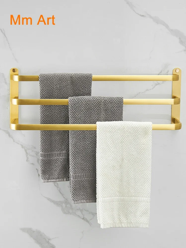 Brushed Golden Bathroom Towel Rack Double Rod Bathroom Hanger Three-Layer Towel Hanging Rod Light Luxury Punch-Free Wall-Mounted