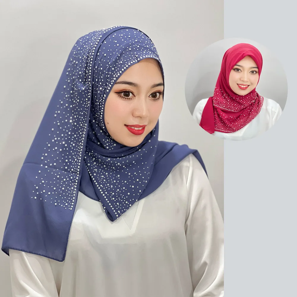 Beautiful Woman Solid Colored Turban with Drill Abaya Hijabs For Woman Jersey Scarf Muslim Square Scarf Instant Hair Shawl