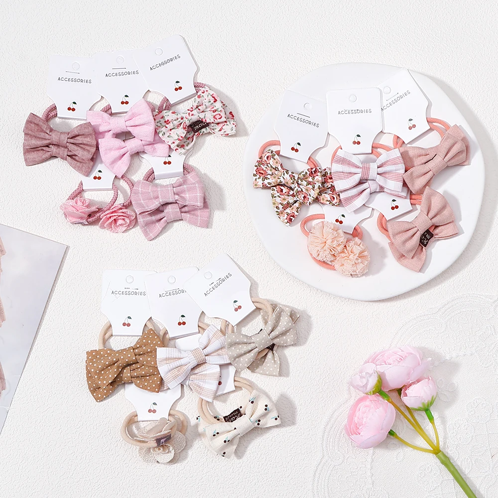 10Pcs Bow Plaid Rubber Band Hair - Fashion New Children's Bow Hair Accessories Clip Gift - Solid Color Hair Clip Rubber Band