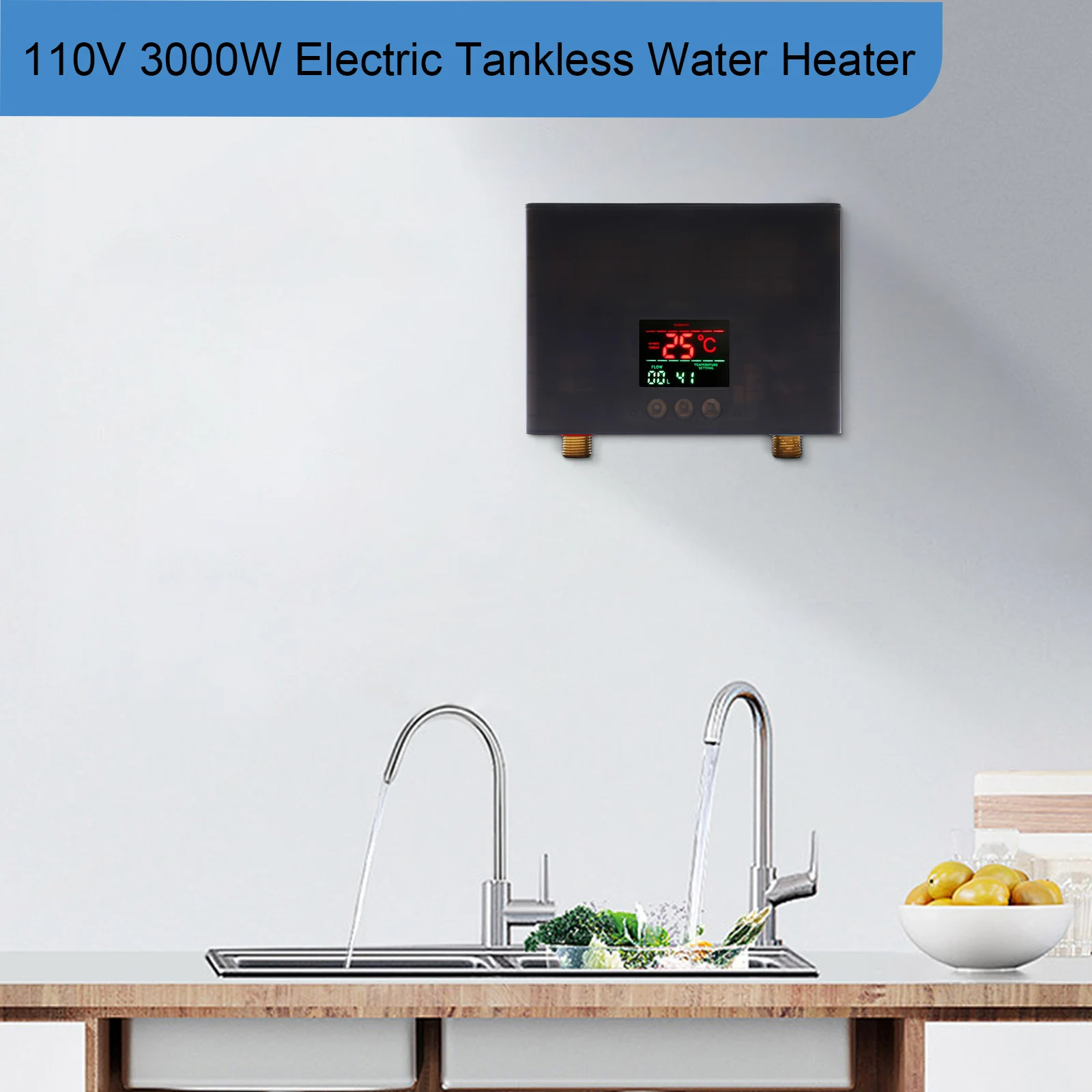 

LF-001A Mini Water Heater with Large Color Display (110V, 3000W ): Aluminum Cast, White/Black, Efficient and Modern Design