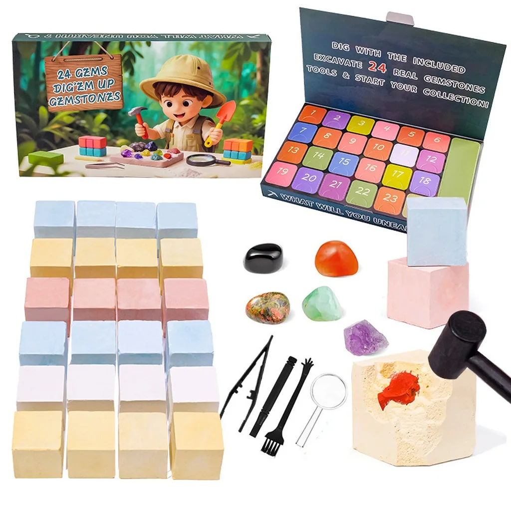 Gemstone Digging Kit Educational Kids Mining Kit Gemstone Blind Box Hidden Christmas Advent Calendar For Birthday Gift Kids