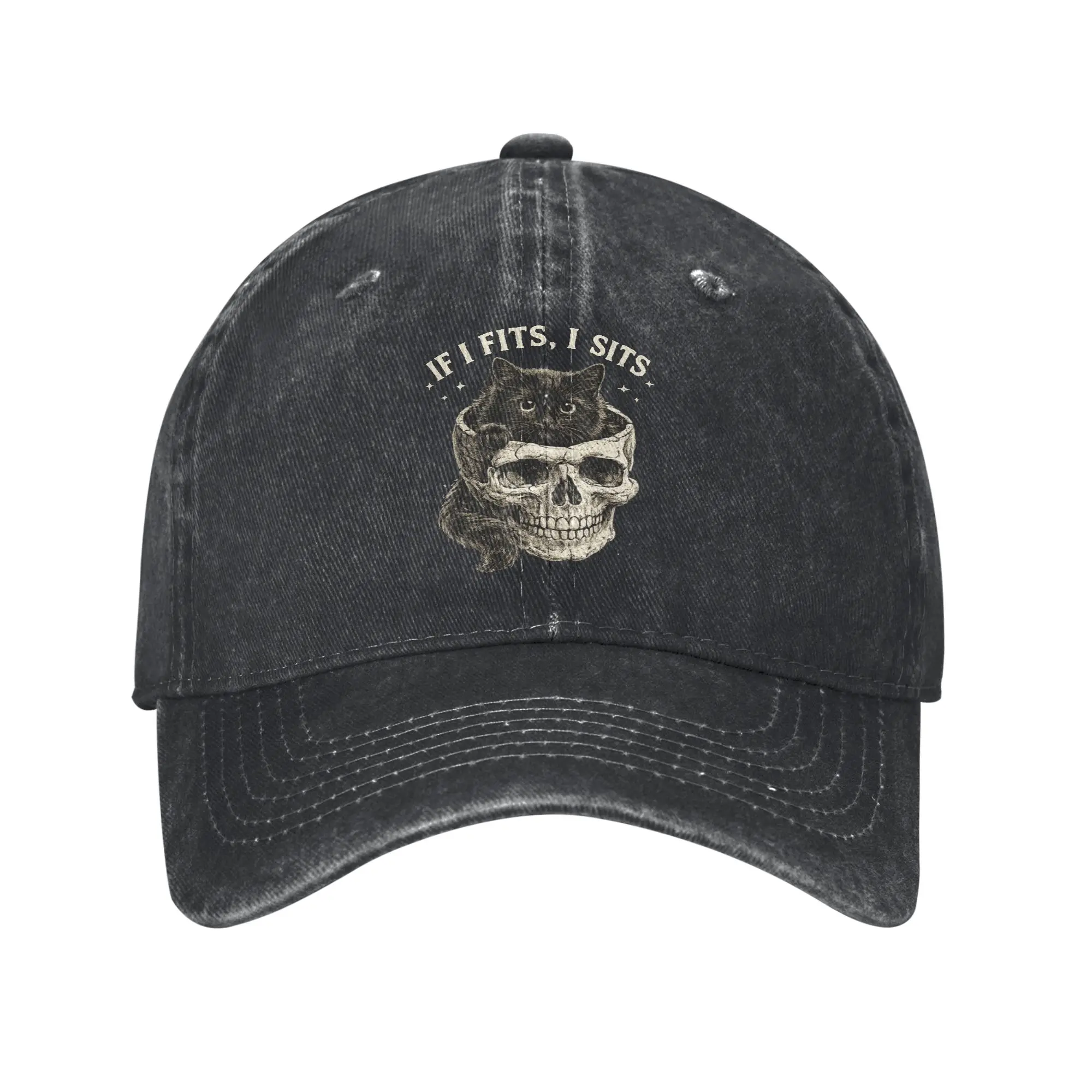 If I Fits I Sits Black Cat Skull Gothic Dark Humor Style Casual Baseball Cap  Tennis Skate Trucker Hat Sun-Proof Baseball Caps