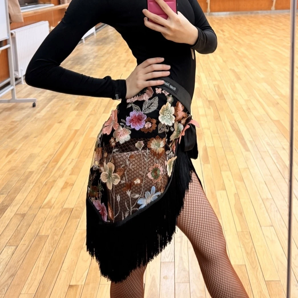 Floral Latin Dance Skirt Women Sexy Mesh Fringed Hip Towel Chacha Rumba Dance Performance Clothes Practice Clothing DNV26980