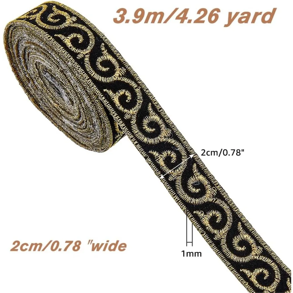 4.27 Yards(3.9m) Chinese Style Embroidery Jacquard Ribbon Width 2cm Black Golden Auspicious Cloud Embroidery Ribbons Vintage