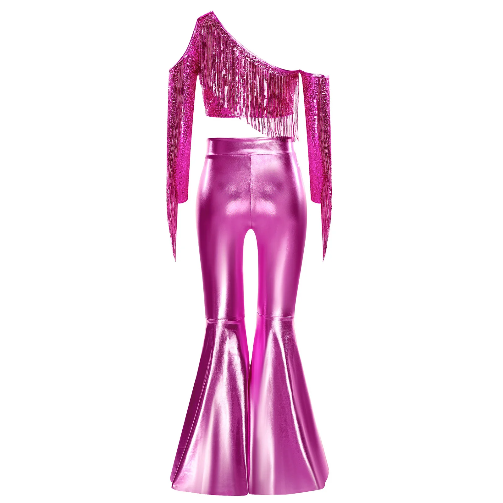 Kids Girls 80s Disco Dance Costume One Shoulder Long Sleeve Crop Top with Bell-bottoms for Lyrical Belly Jazz Dance And Pageant