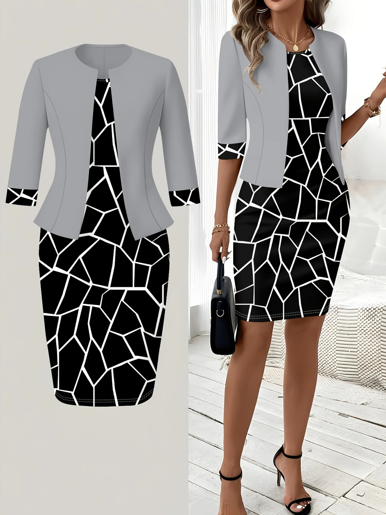 Printed Design Casual Black and White Broken Geometric Printed Women's Dress Set