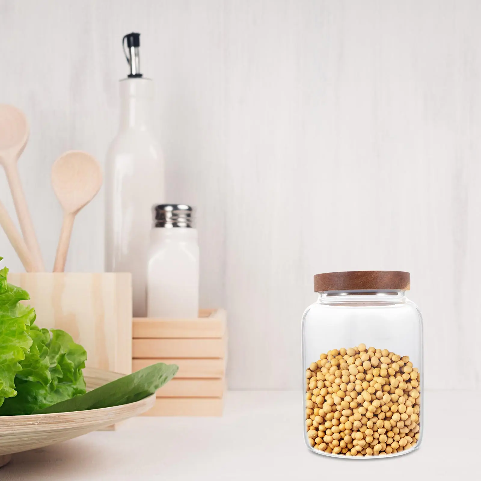 

Glass Storage Sealing Canister Kitchen Container Holder Wood Food Glass Jar Home Tea Leaf Food Dry Preservation Can