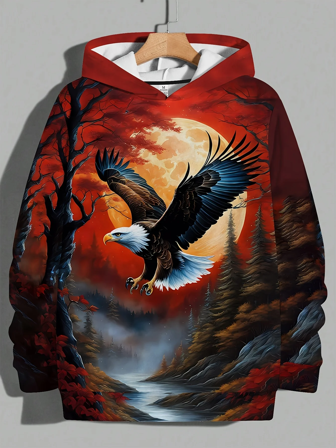 3D Full Print Eagle Hoodie Men Bald Eagle Red Moon Forest Wilderness Scenery Drawstring Loose Casual Hooded Sweat Top