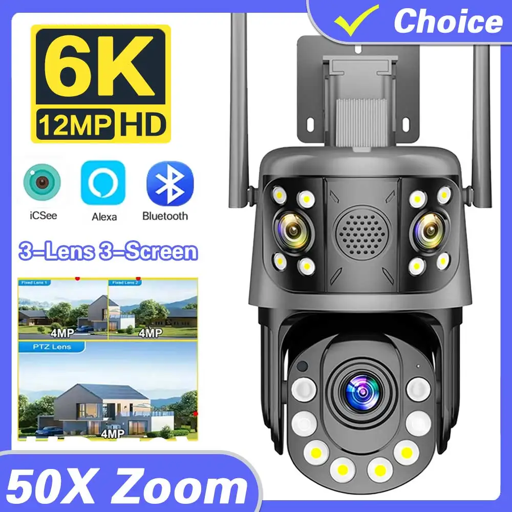 

50x Zoom 6K 12MP Wifi PTZ IP Camera Outdoor Three Lens Three Screens Human Detection Wireless CCTV Security Surveillance Camera