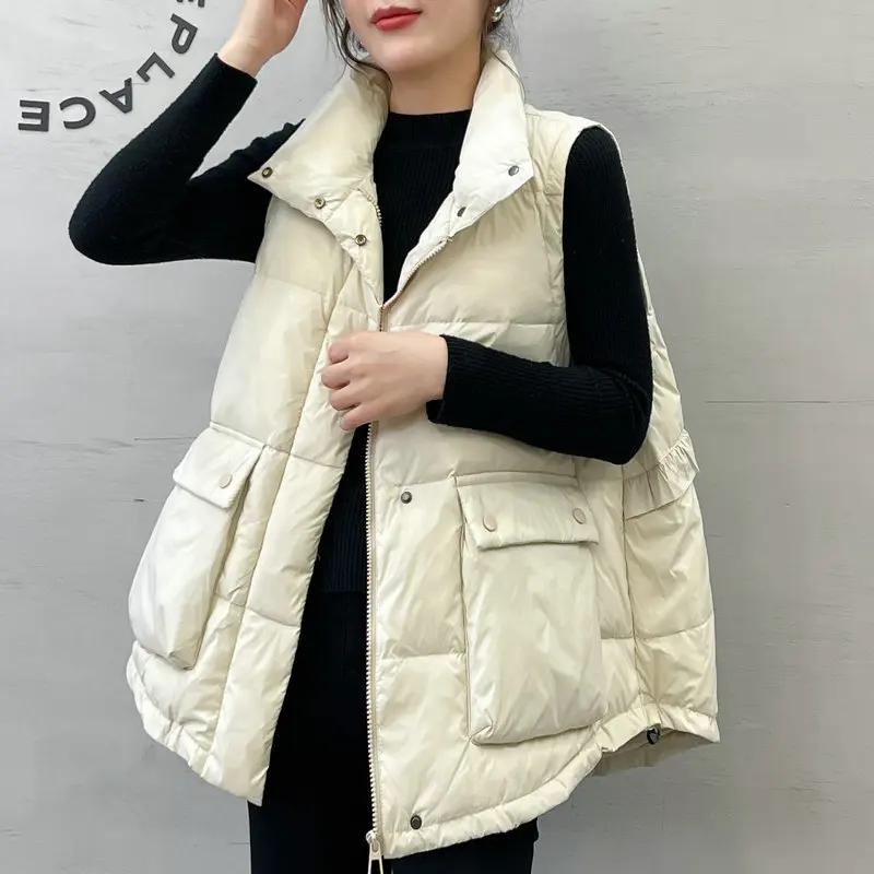 2023 New Schinteon Women White Duck Down Vest Loose Over Size Sleeveless Jacket Stand Collar Autumn Spring Ruffles Top Coat