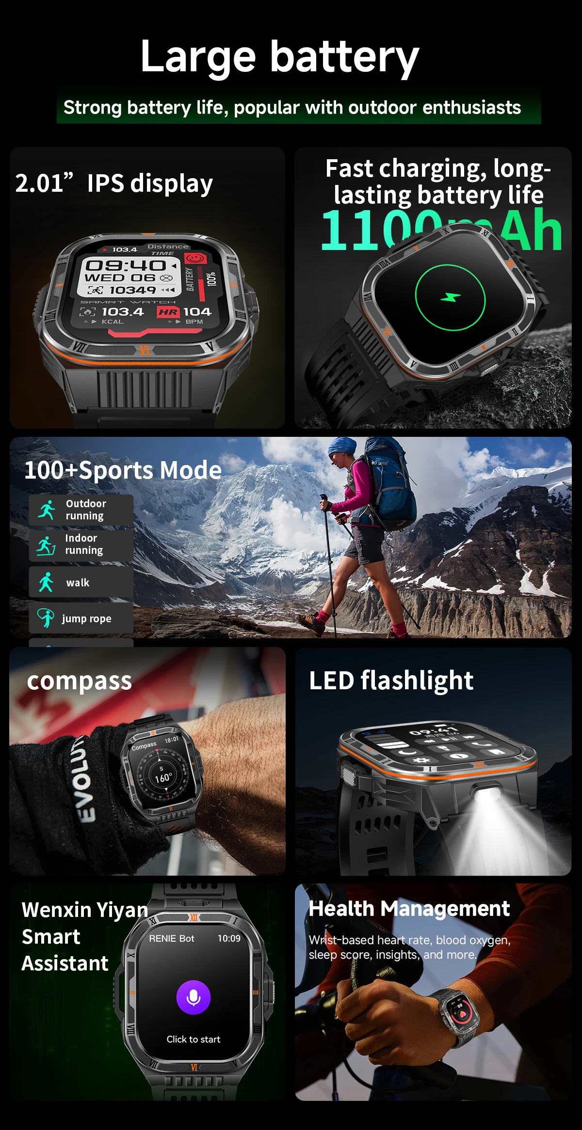 2026 New Built-in 1100mAh Super Large Battery Men Smart Watch Outdoor GPS 2.01