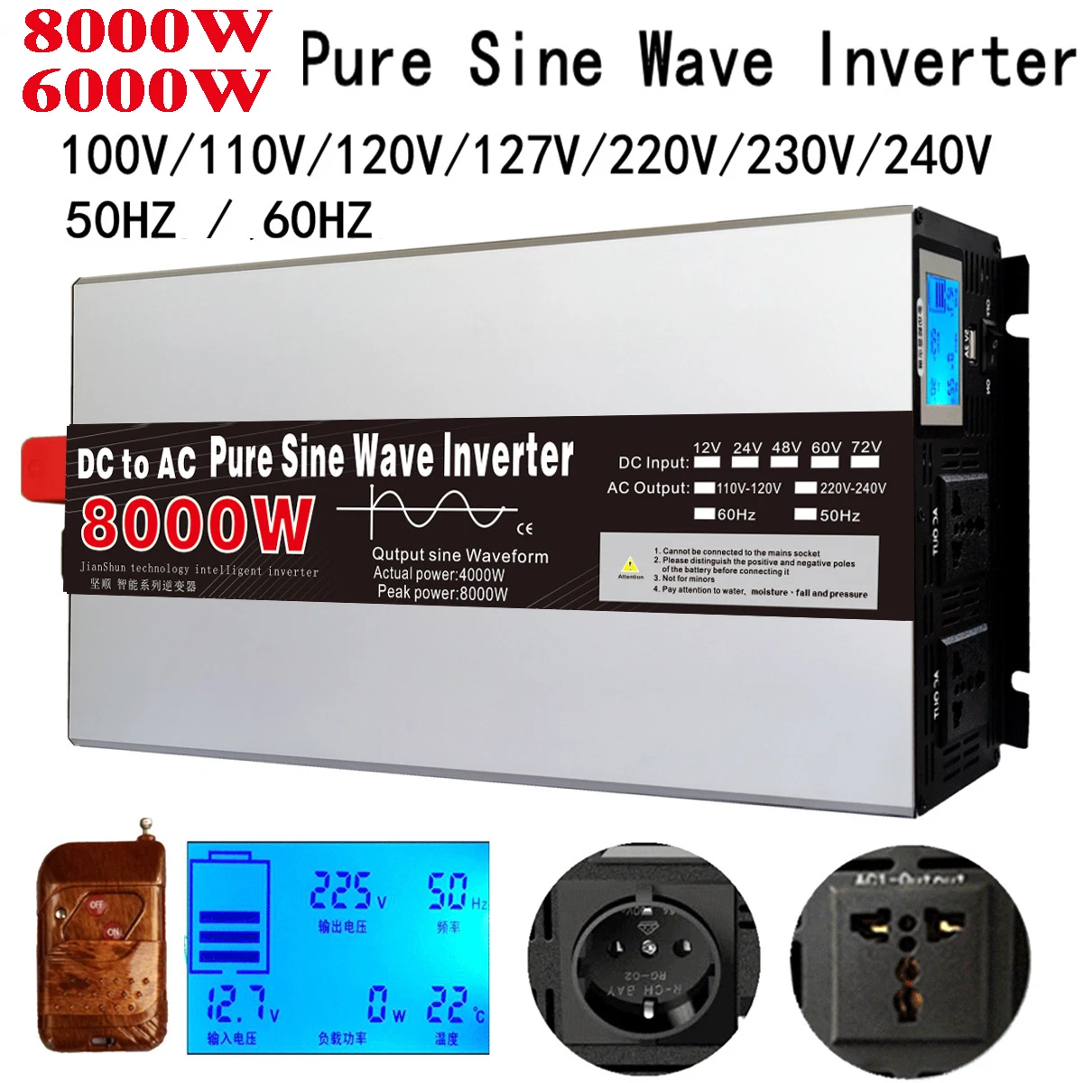 6000W 8000W Pure Sine Wave Inverter DC12V 24V 48V 72V to AC 220V 230V 110V 50HZ 60HZ Power Converter Frequency Solar Inverter